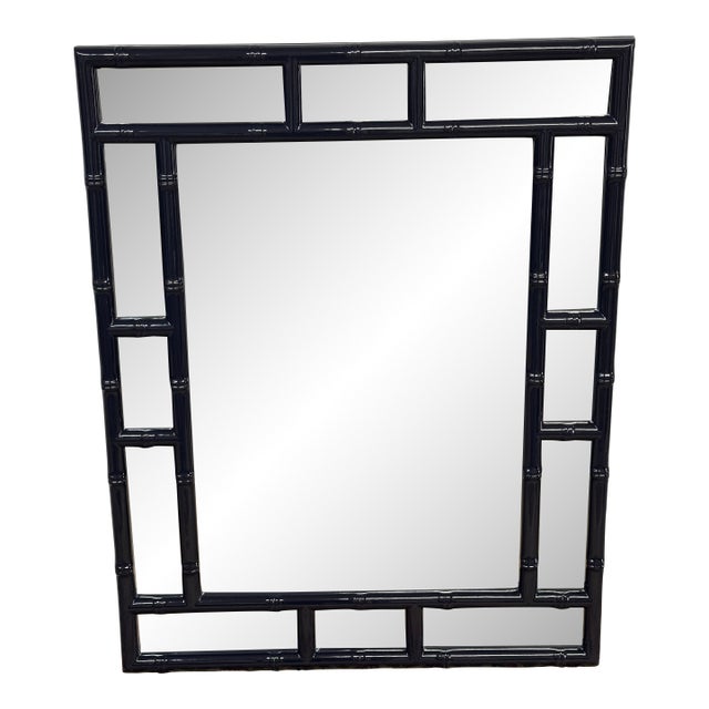 Chinoiserie Lacquered Faux Bamboo Wall Mirror, Navy For Sale