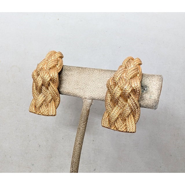 Napier Vintage 1960s Signed Napier Goldtone "Woven" Clip Earrings-2 Pieces For Sale - Image 4 of 7