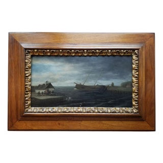 Flemish School Coastal Marine Scene, Fishermen Hauling a Boat Ashore, Early 18th Century, Oil on Oak Panel For Sale