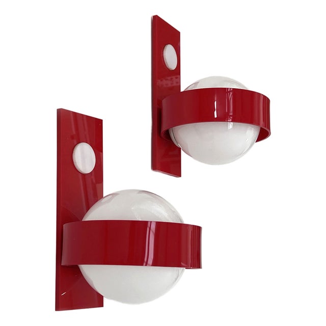 Space Age Wall Lamps in Red & White Glass & Plastic, 1970s For Sale