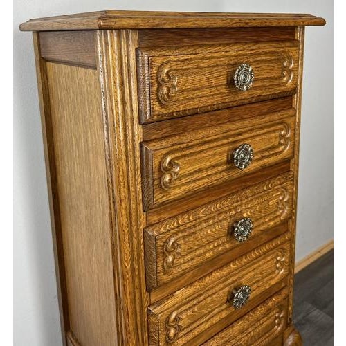 Vintage French Louis XVI Style Carved Oak Chest of Drawers For Sale - Image 6 of 9