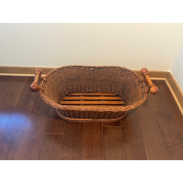 Wood Vintage Woven Wicker Basket With Turned Wood Handles & Wood Slatted Base For Sale - Image 7 of 14