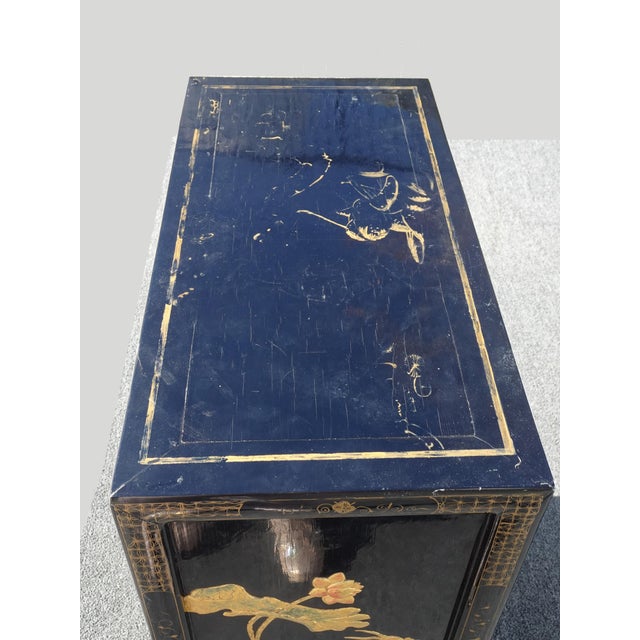 Wood Vintage Oriental Chinese Chinoiserie Black Lacquer Cabinet W Drawers 2of2 For Sale - Image 7 of 18