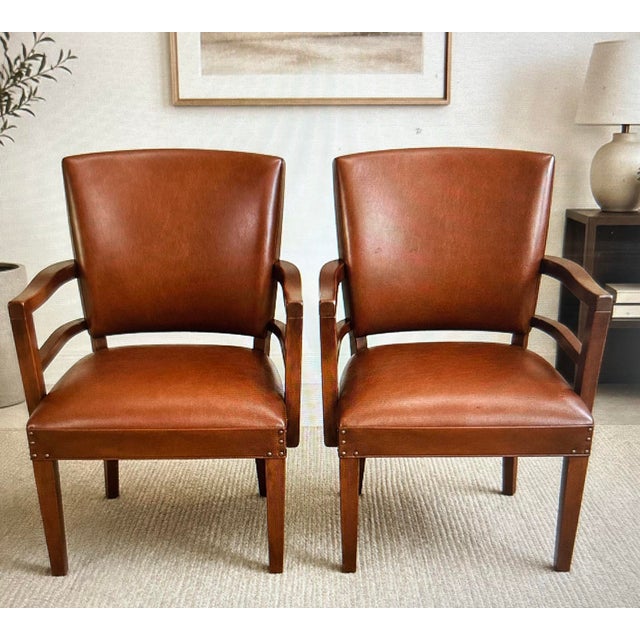 1950s Solid Walnut & Ginger Brown Leather Bankers Armchairs- Matching Pair- Gregson Mfg. Sold by Horne Desk Co. Atlanta GA...