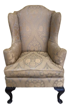 Late 19th Century Antique Queen Anne Wingback Chair in Gold and Taupe Jacquard