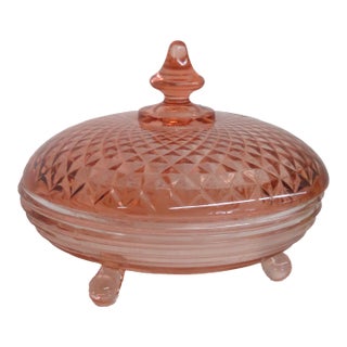 Pink Depression Glass 3 Footed Candy Dish With Diamond Quilt Pattern Lid 4757b For Sale