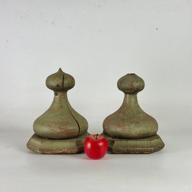 Stunning pair of 19th Century architectural salvaged wood finials. They are in the shape of an onion and painted a light...