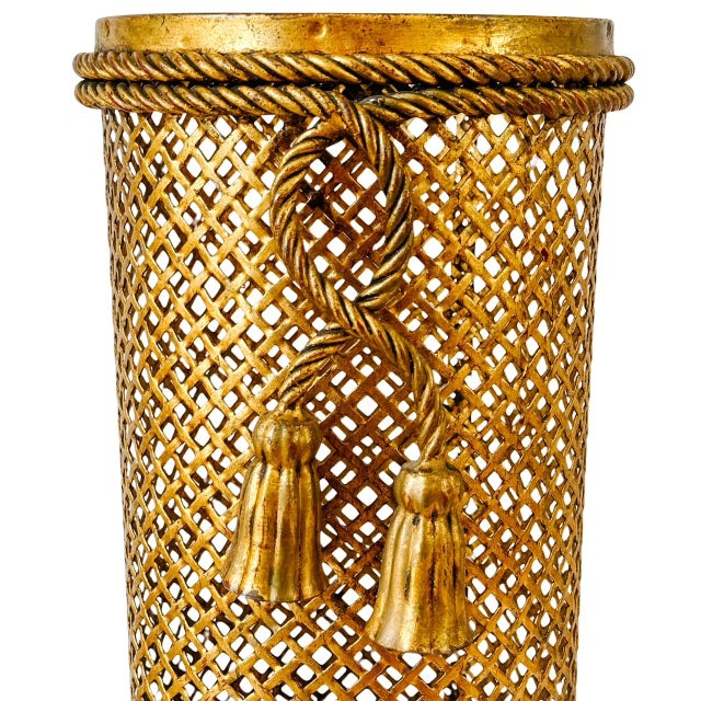1950 Mid-Century Italian Gilt Metal Lattice & Rope Tassel Umbrella Stand, Attr. To Li Puma Firenze For Sale - Image 4 of 9