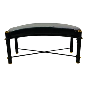 1980s Post Modern Black Leatherette & Brass Bench