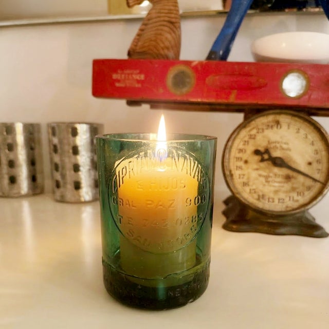 Art Deco Candle Holder, 1930s Argentine Seltzer Bottle. Repurposed Embossed Glass Luminaire For Sale - Image 3 of 4