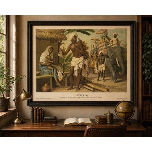Large Antique Chromolithograph, India Tiger Hunt Scene – Leutemann, ca.1890 A visually compelling and historically...