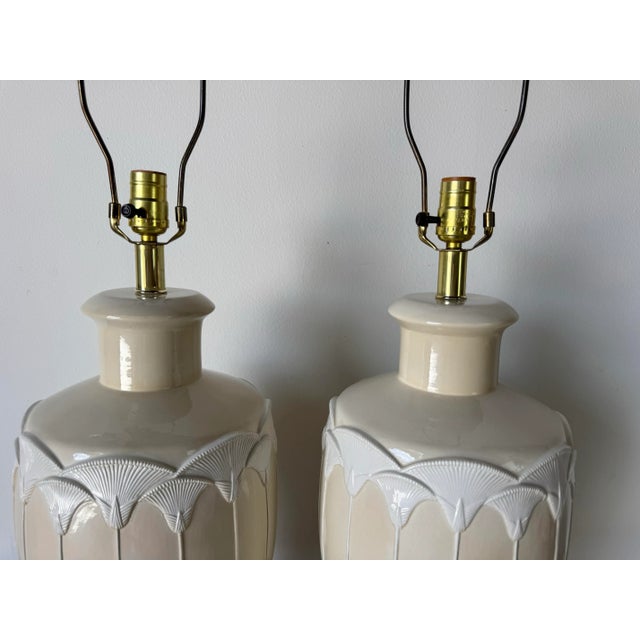 1980s Vintage Beige Ceramic Table Lamps on Brass Finish Bases – A Pair For Sale - Image 11 of 12