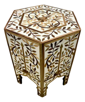 Moroccan Boho-Chic Handmade Walnut & Resin Inlay Hexagonal Side or End Table