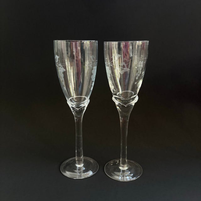Transparent Vintage Handmade Etched Grapevine Champagne Glasses With Tulip Stems – Set of 2 For Sale - Image 8 of 12