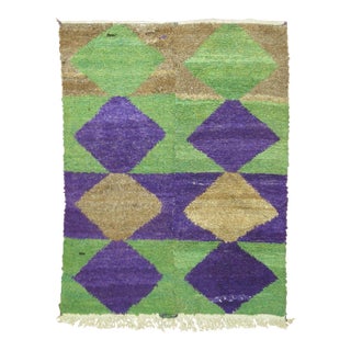 Vintage Zabihi Collection Geometric Purple Green Turkish Shag Rug - 3'9" x 5' For Sale