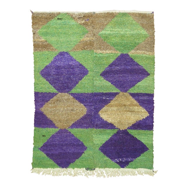Vintage Zabihi Collection Geometric Purple Green Turkish Shag Rug - 3'9" x 5' For Sale