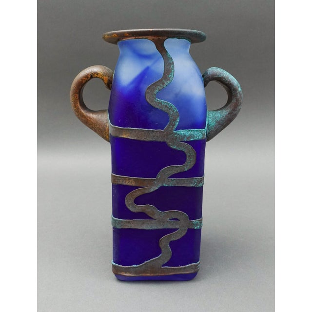 Mid 20th Century Mid 20th Century Anca Podaru Ama Romanian Copper Overlay Handled Art Glass Nouveau Vase For Sale - Image 5 of 10