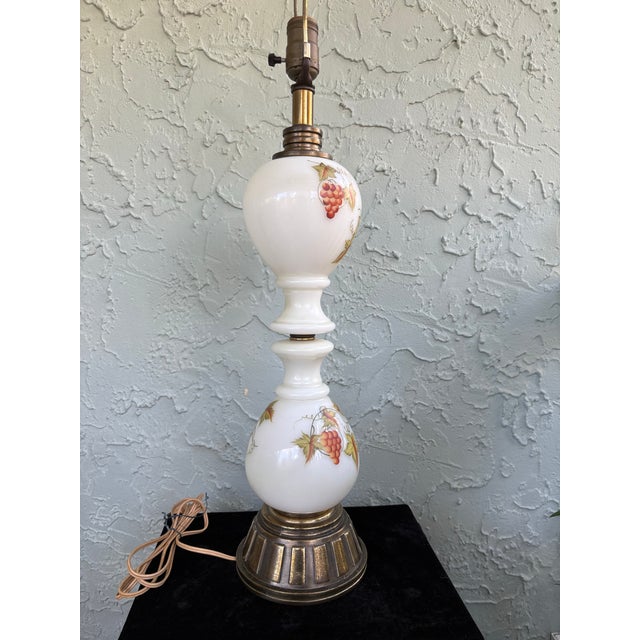 White Vintage 1970s Milk Glass Table Lamp With Grape Motif and Brass Base For Sale - Image 8 of 12