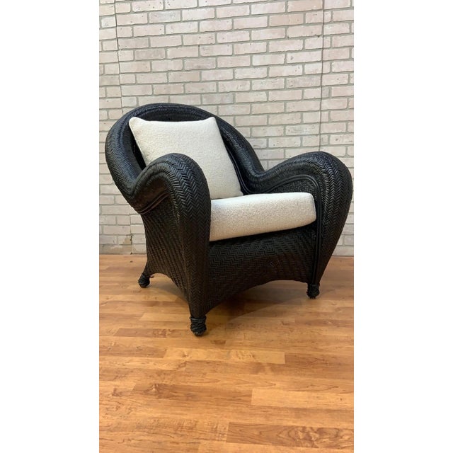 Black Malabar Woven Wicker Rattan Lounge Chairs W/ Newly Reupholstered Pillows - Set of 2 For Sale - Image 8 of 11