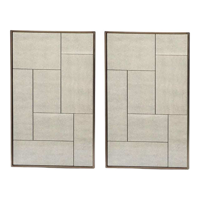 Modern Cityscape Smoked Paneled Wall Mirrors, Pair For Sale