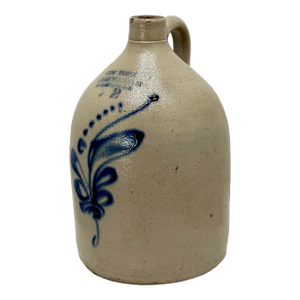 Nicely Blue Decorated Antique New York Stoneware Co. 2 Gallon Stoneware Jug - Back Base Hole Drilled for Lamp Conversion
