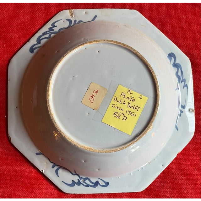 Ceramic Antique 18th Century Blue & White Delft Chinoiserie Octagonal Soup Plates in the Chinese Export Style Circa 1750 - A Pair For Sale - Image 7 of 15