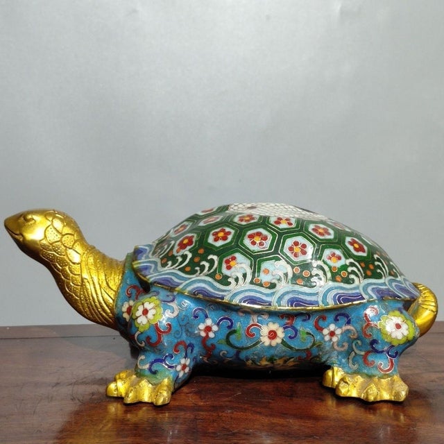 Bright Green Late 20th Century Cloisonné Enamel Turtle Sculpture With Yin-Yang Shell For Sale - Image 8 of 9