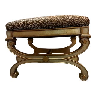 Late 20th Century Gold and Animal Print Ottoman/Stool With Antiqued Silver Gilt Glass/Acrylic on Wooden Edges For Sale