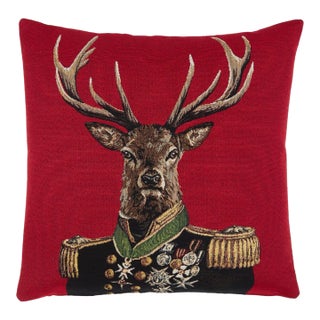 Admiral Stag Red Tapestry Cushion With Feather Filler - 46x46cm (18"x18") For Sale