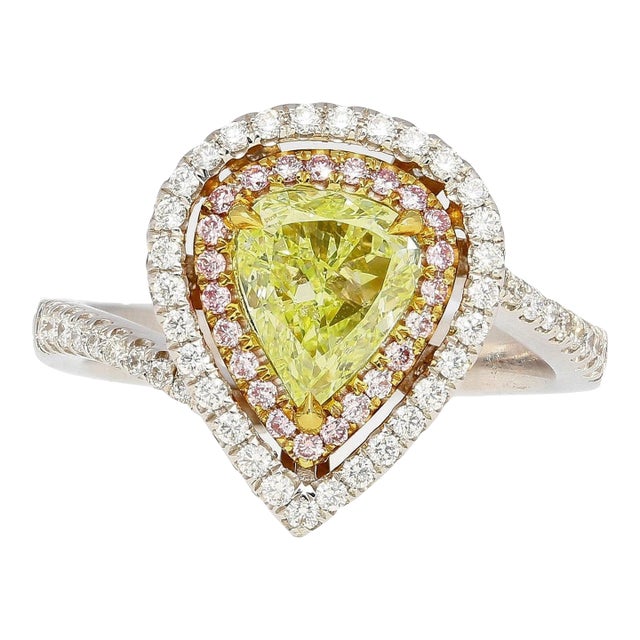 GIA 1.25CT Pear Cut Fancy Green Yellow Diamond 18K Tri-Colored Gold Bypass Ring, Size 7.25 For Sale