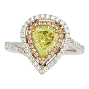 GIA 1.25CT Pear Cut Fancy Green Yellow Diamond 18K Tri-Colored Gold Bypass Ring, Size 7.25