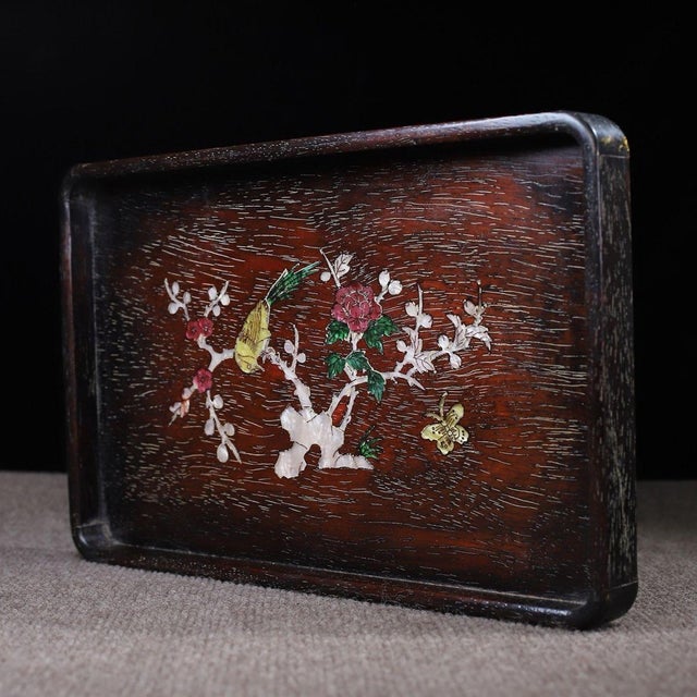 Brown Rosewood Rectangular Tray Inlaid With Mother-of-Pearl For Sale - Image 8 of 9