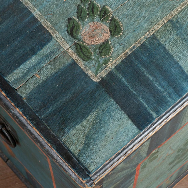 Original Hand Painted Blue Swedish Dome Top Pine Trunk Dated 1852 For Sale - Image 6 of 18