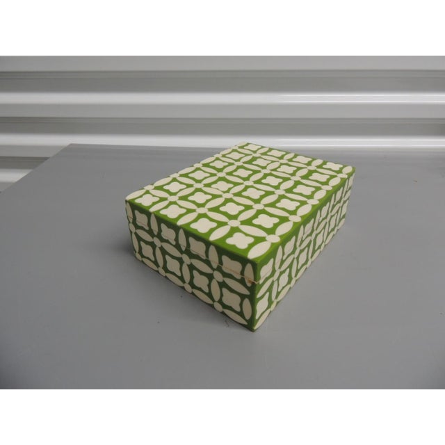 Faux Bone Inlaid Green and Natural Jewelry Box Inset mirror inside. Size: 8.25"W x 6"D x 3"H