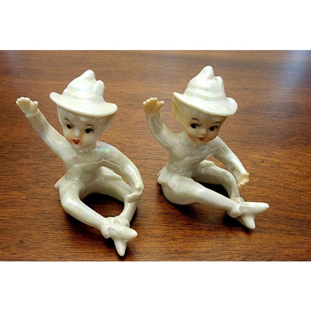 Vintage Pixie Elves Figurine Candle Huggers Holders. Mid-Century Iridescent Ceramic Lusterware. Made in JAPAN. Excellent,...