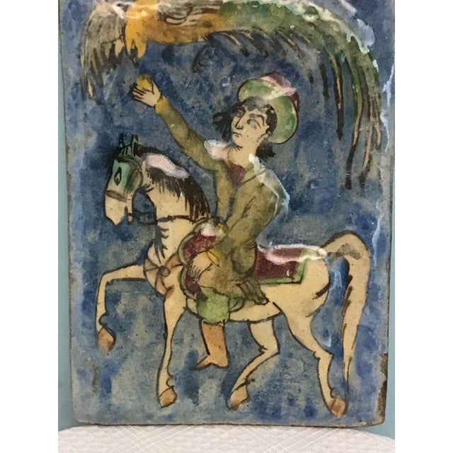 Antique 19th-Century Persian Qajar Dynasty Ceramic Tile – Equestrian With Bird of Prey For Sale - Image 4 of 6
