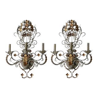 Large Scale French Gray &Gilt Metal Tole Sconces by Currey & Company - Pair For Sale