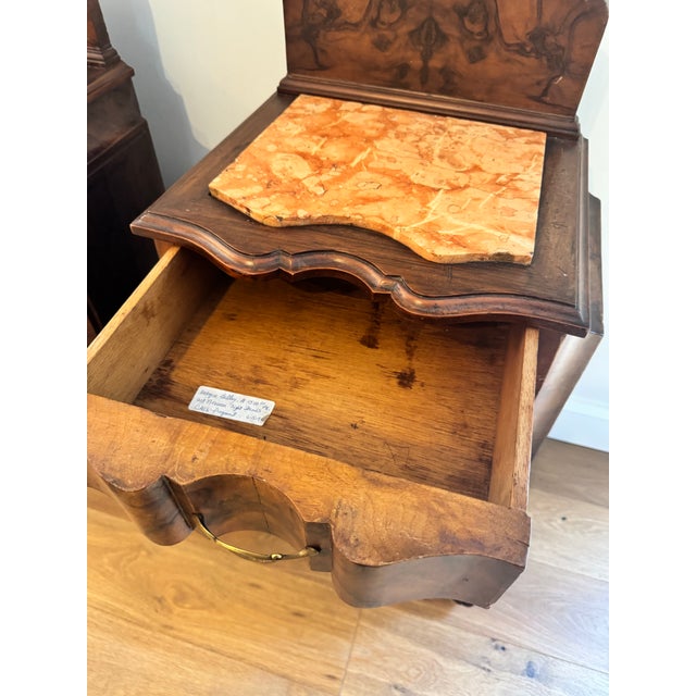 Rococo Pair of Antique American Victorian Rococo Revival Figured Walnut Marble-Top Bedside Cabinets, Circa 1870 For Sale - Image 3 of 12