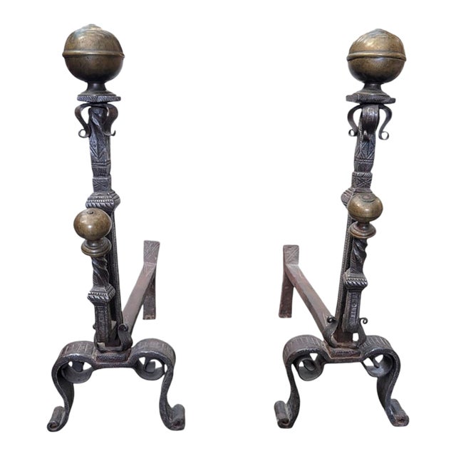 Antique Spanish Revival Brass and Wrought Iron Fireplace Andirons – Pair For Sale
