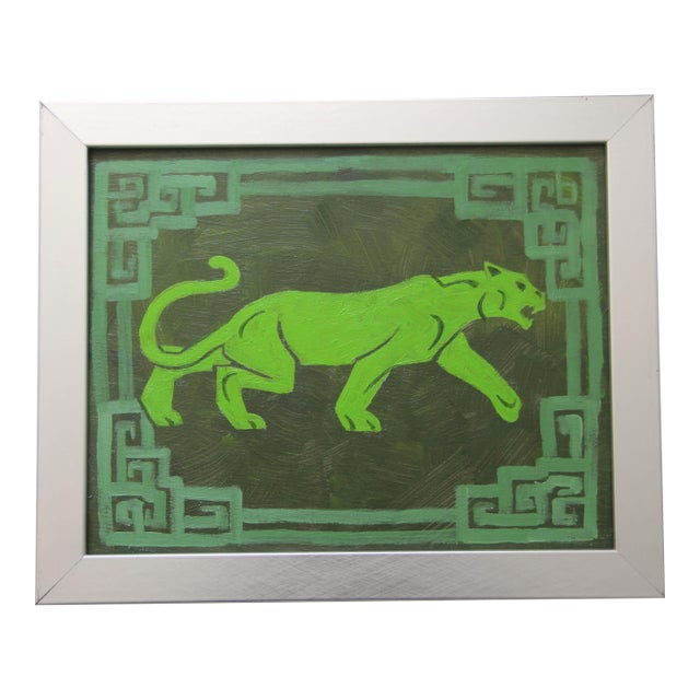Panther Leopard Art Deco Minimalism Chinoiserie Green Original Oil Painting Cleo Plowden For Sale