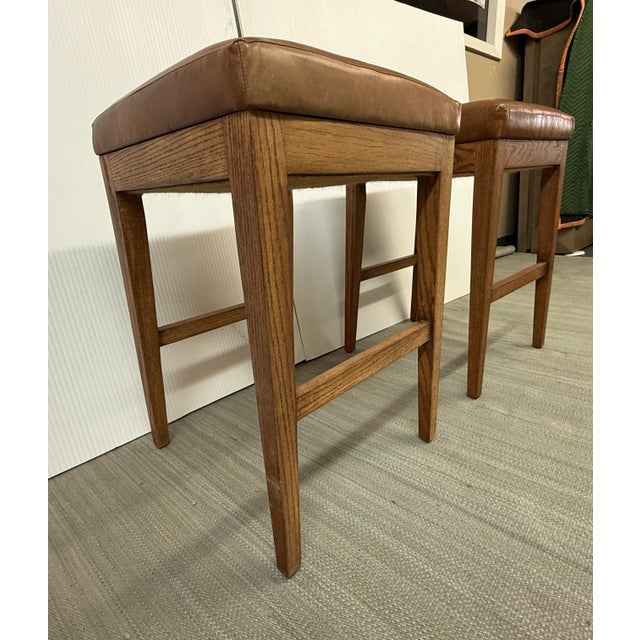 Animal Skin Brownstone Cognac Leather Counter Stools, Pair For Sale - Image 7 of 12