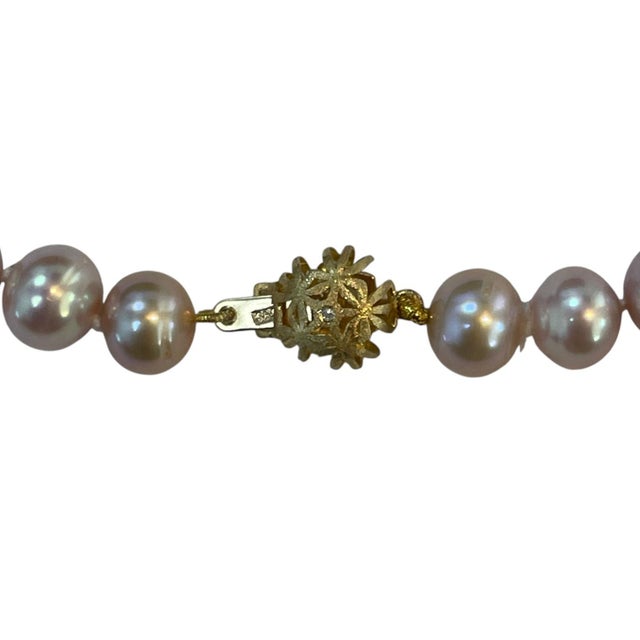 Modern Pink Pearl Single Strand Necklace With 14k Yellow Gold Clasp For Sale - Image 3 of 8