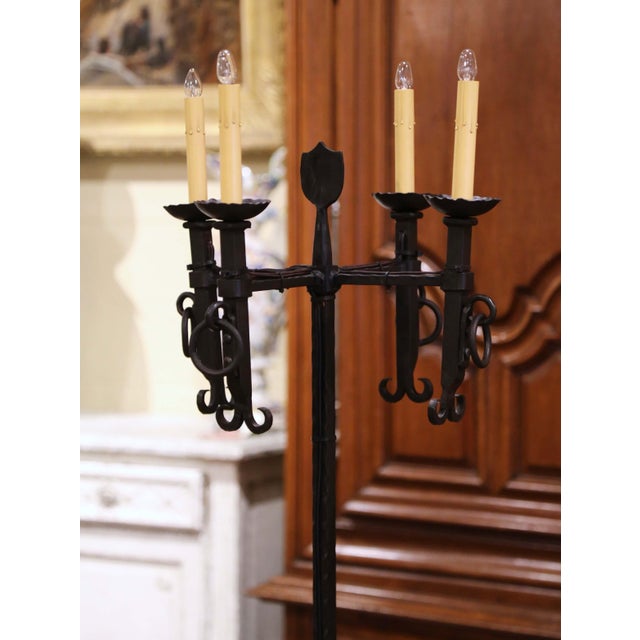 Early 20th Century Early 20th Century French Gothic Forged Iron Four-Light Floor Lamp For Sale - Image 5 of 13