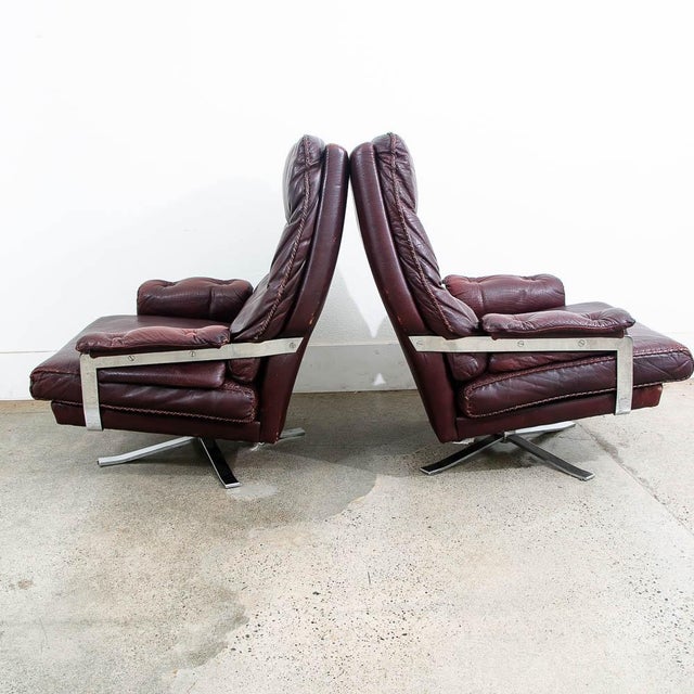 Mid-Century Modern 1960s Mid Century Danish Modern Lounge Chairs Burgundy Chrome Pair Set Attributed to Arne Norell For Sale - Image 3 of 12
