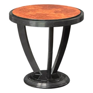 French Art Deco Ebonized Round Side Table With Burl Walnut Top - Two Available For Sale