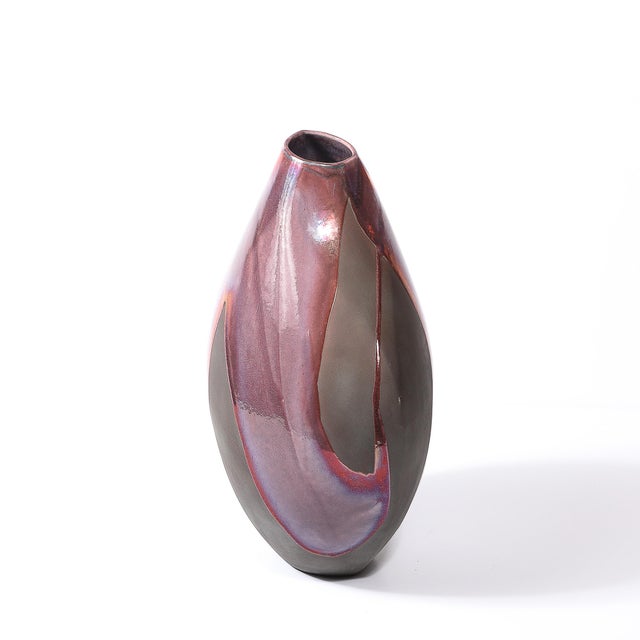 Violet Mid-Century Organic Glazed Gray & Violet Ceramic Studio Vase Signed Tony Evans For Sale - Image 8 of 15