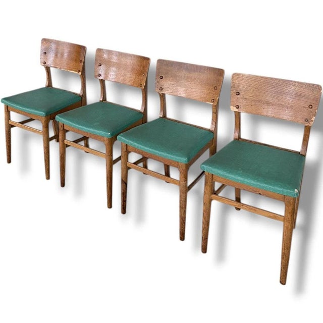 Vintage Oak Dining Chairs with Green Upholstered Seats, Set of 4 For Sale - Image 5 of 9