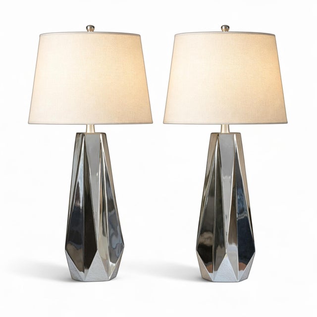 Chrome Faceted Table Lamps with Neutral Shades from Justfurnituress SRL, Set of 2 For Sale - Image 10 of 17