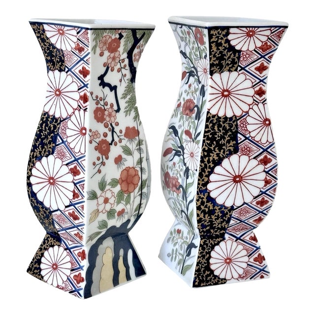 Vintage MCM Japanese Imari Porcelain Square Waisted Vases-Set of 2 For Sale