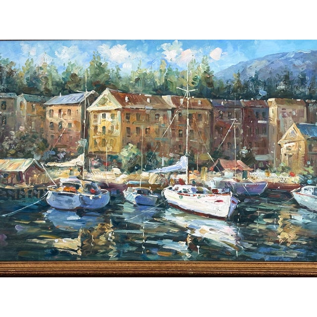 This beautiful harbor scape is most likely a Mediterranean canal town in Italy. It is an original oil on canvas and...